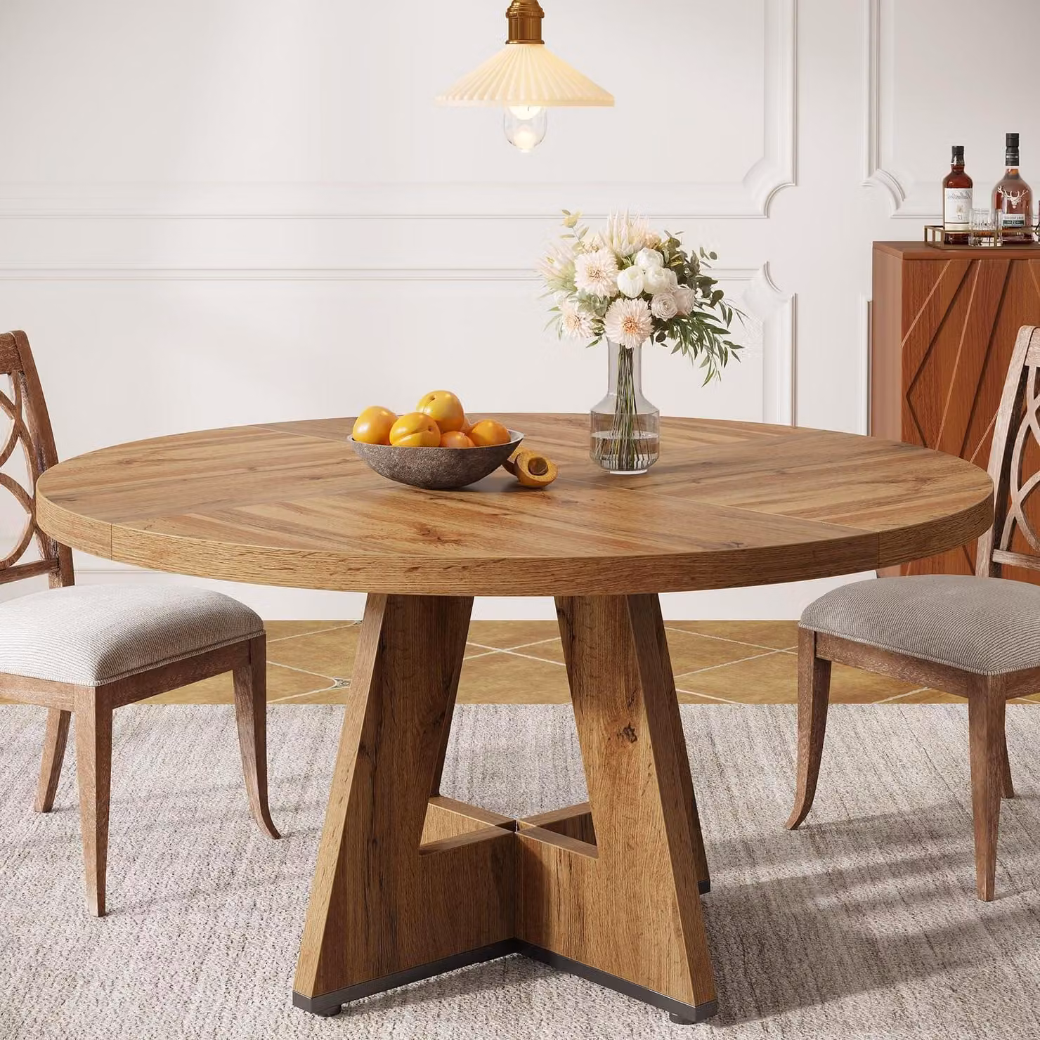 Tavolo rotondo da pranzo, diametro 120 cm, per 4 persone, stile rustico, piano in legno, struttura in metallo