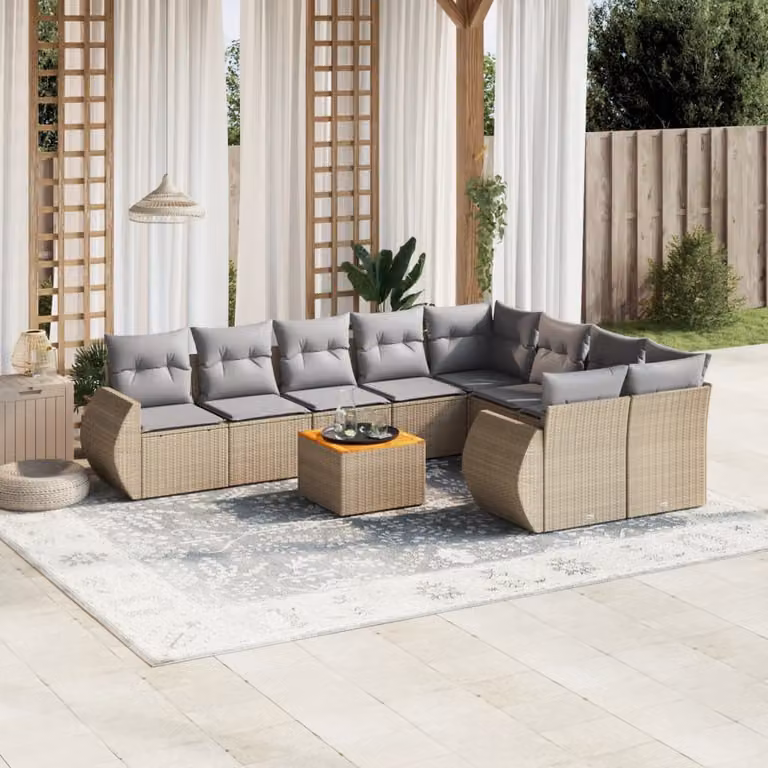 vidaXL Set Divano da Giardino 10 pz con Cuscini Beige e Grigio in Polyrattan e Acciaio