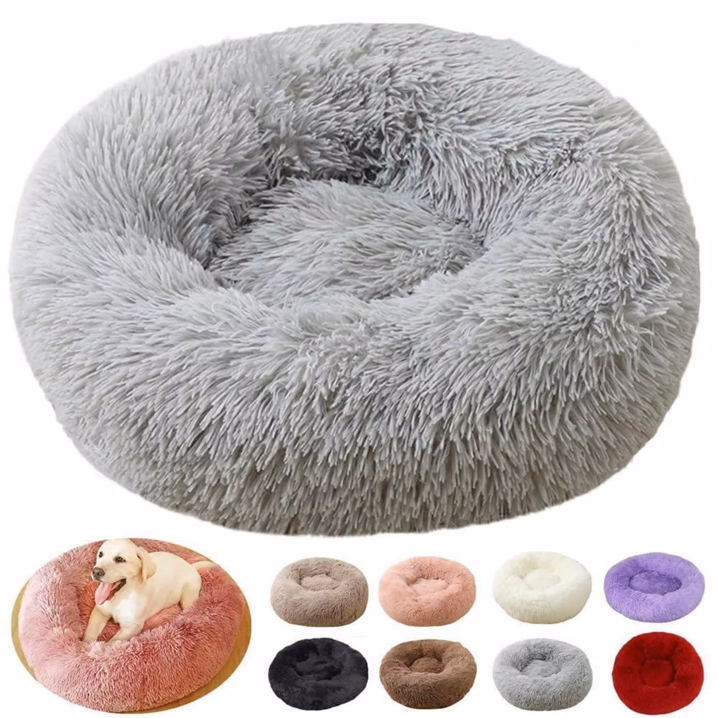 Cuccia per cani a forma di ciambella, in peluche, rotonda, di colore grigio chiaro, diametro 40 cm