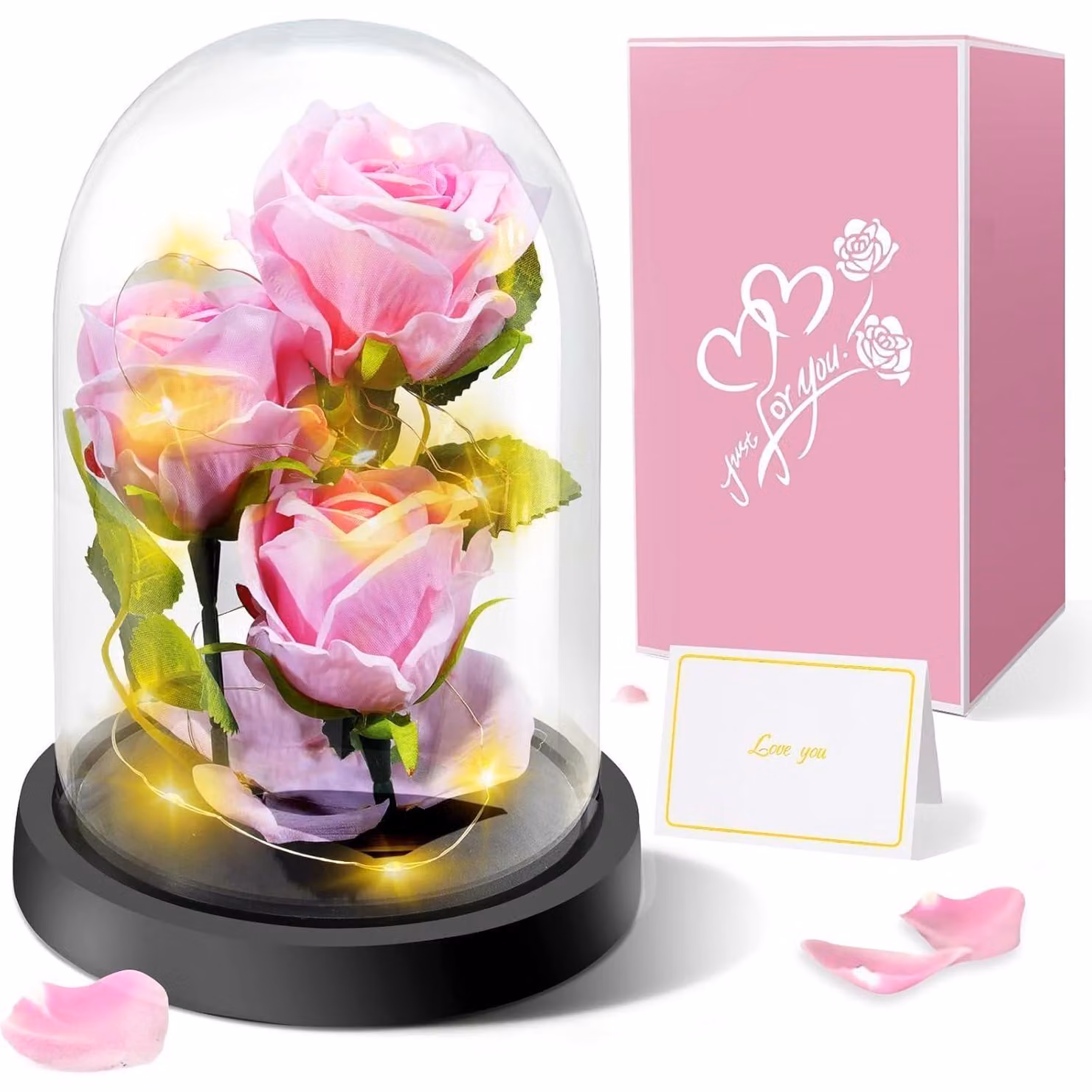 Rose eternamente preservate in un vaso con luci, 3 rose rosa, regalo per donne, Festa della Mamma, San Valentino, colore rosa