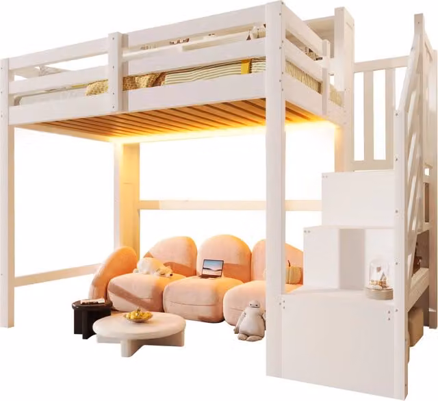Letto a castello singolo REDOM in pino e MDF bianco con illuminazione LED e scala per bambini L/P/H: 90 x 200 cm