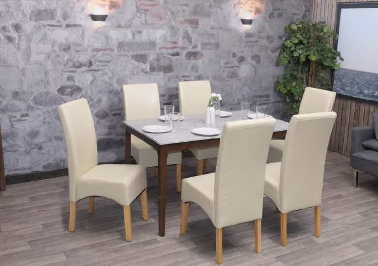 Set da 6 sedie da pranzo e da cucina Crotone, PELLE ~ color crema, gambe chiare