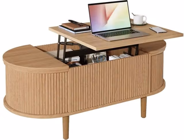 Tavolino da Salotto Ovale Regolabile con Vano Portaoggetti, Stile Vintage, Gambe in Legno Massiccio, Mobile Multifunzione Moderno per Soggiorno