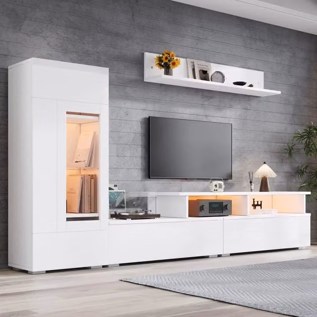 Set Soggiorno 3 Pezzi Bianco Lucido con LED: 1 Mobile TV (fino a 75"), 1 Vetrina, 1 Mensola a Parete