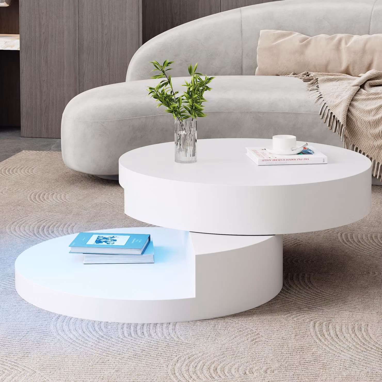 Tavolino cilindrico moderno Aosom con piano girevole a 360 gradi e ripiani portaoggetti, Bianco, H: 70 cm, L: 35.5 cm, P: 30 cm – 2