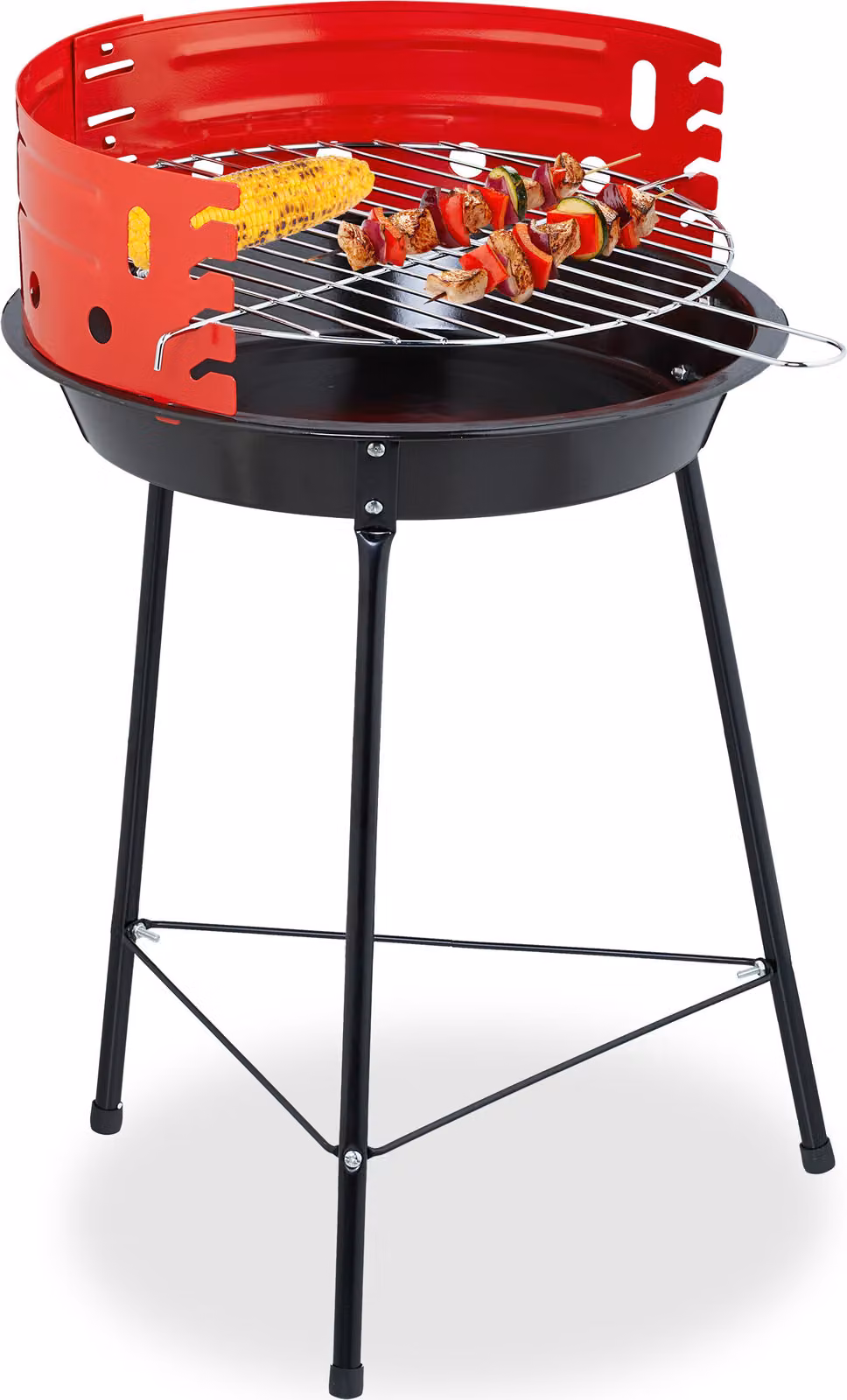 Barbecue a carbonella Relaxdays, Ø 37 cm, treppiede, barbecue da picnic per giardino e parco, barbecue con paravento, barbecue rotondo, nero/rosso