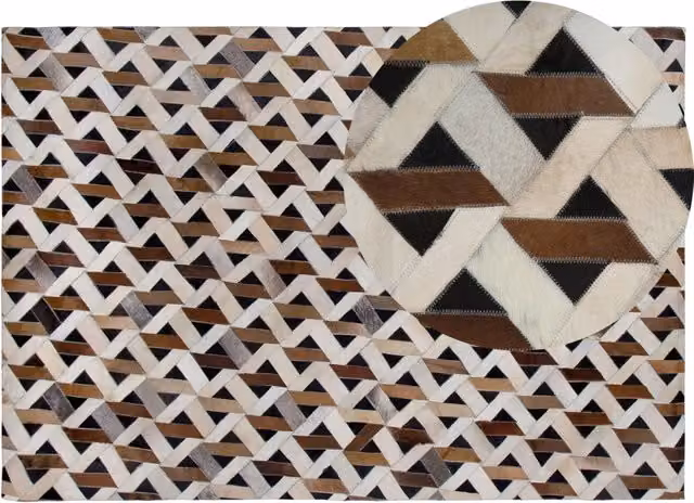 Tappeto in pelle Beliani con motivo geometrico in stile boho, multicolore marrone, grigio e bianco, L: 230 cm, P: 160 cm – 1