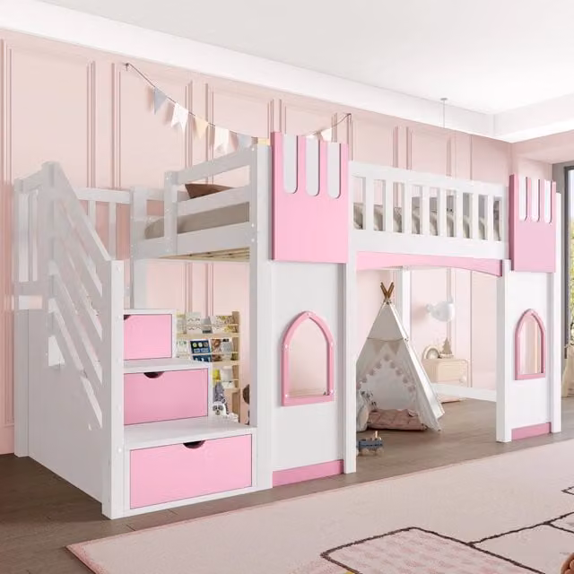 Letto a Soppalco con Vano Contenitore e Finestra ¨C MINIMAL ¨C Bianco/Rosa 90x200