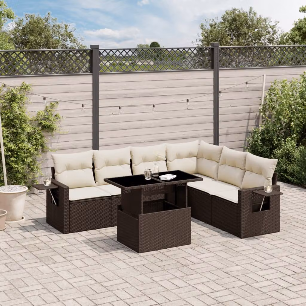 Set di divani da giardino vidaXL in polyrattan marrone con cuscini e tavolino da esterno a forma di L – 1