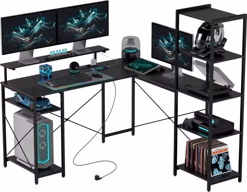 Scrivania a forma di L, dimensioni 137x140x139,5 cm, 6 ripiani, supporto per monitor, porte USB, presa di corrente (nera)
