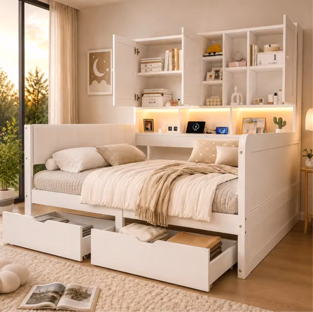 Letto singolo e matrimoniale 140x200 cm con LED; porte USB; cassetti e vani; bianco