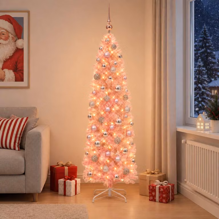 Albero di Natale artificiale, stretto, con palline, altezza 180 cm, 300 luci LED