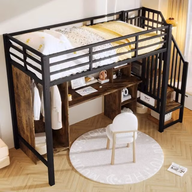 Letto a soppalco singolo 90 × 200 cm con armadio, scrivania e gradini contenitore, senza materasso, nero
