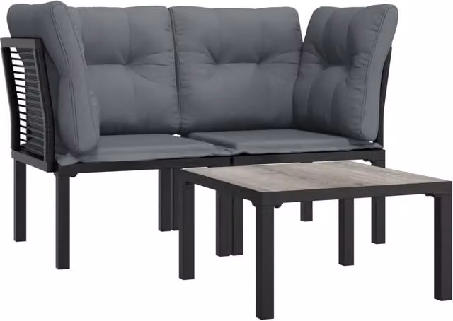 Set da giardino Outsunny in stile moderno composto da 3 pezzi con divano a 2 posti, elemento angolare e tavolino da caffè, struttura in metallo e rattan nei colori nero e grigio con cuscini inclusi