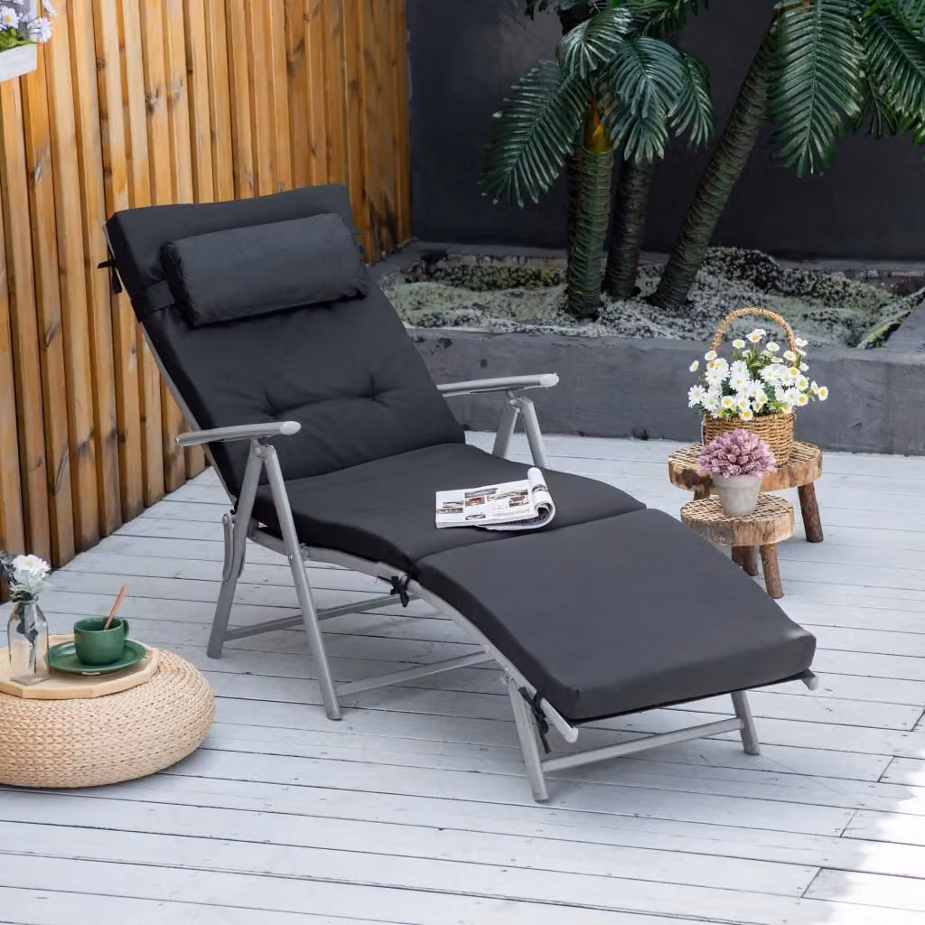 Lettino da spiaggia pieghevole Outsunny nero con cuscino resistente alle intemperie e 7 posizioni regolabili L/P/H: 137 x 63,5 x 100,5 cm – 2