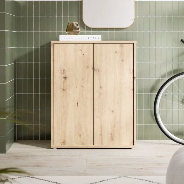 Mobile multiuso Medea Veriaffari con 2 ante e 4 ripiani in rovere color beige e marrone L/P/H: 74.5 x 34.9 x 99.1 cm