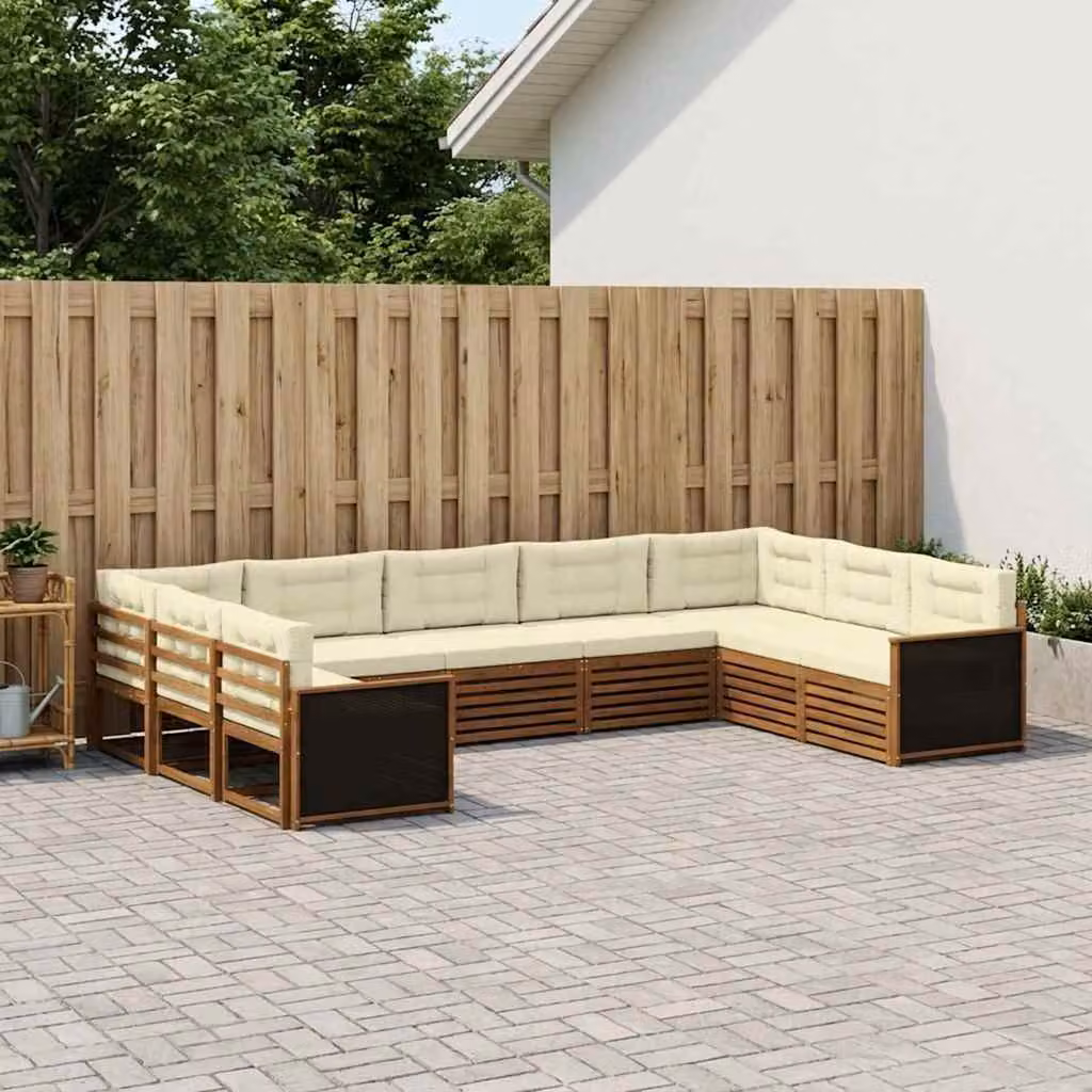 Set di divani da esterno vidaXL 9 pz in legno di acacia con cuscini, forma a L, colore naturale e crema