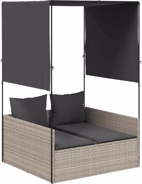 Lettino Prendisole | Sdraio da giardino | Lettino da sole Tetto e Tende Grigio Chiaro in Polyrattan