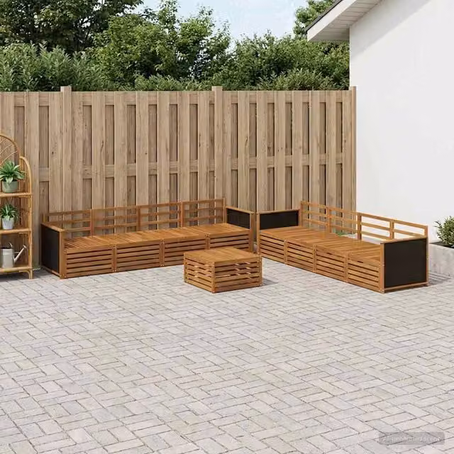 Set di divani da esterno a forma di U vidaXL in legno di acacia marrone con cuscini e tavolino da caffè – 1