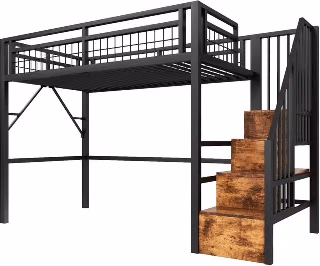 Letto a soppalco 90x200 cm con struttura in ferro, LED integrati e scaletta con contenitori, senza materasso, nero