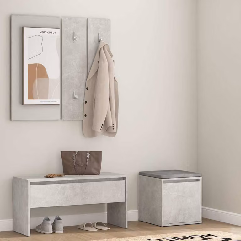 Set di mobili da corridoio vidaXL moderno in legno e MDF grigio cemento con panca, specchio, scarpiera e appendiabiti