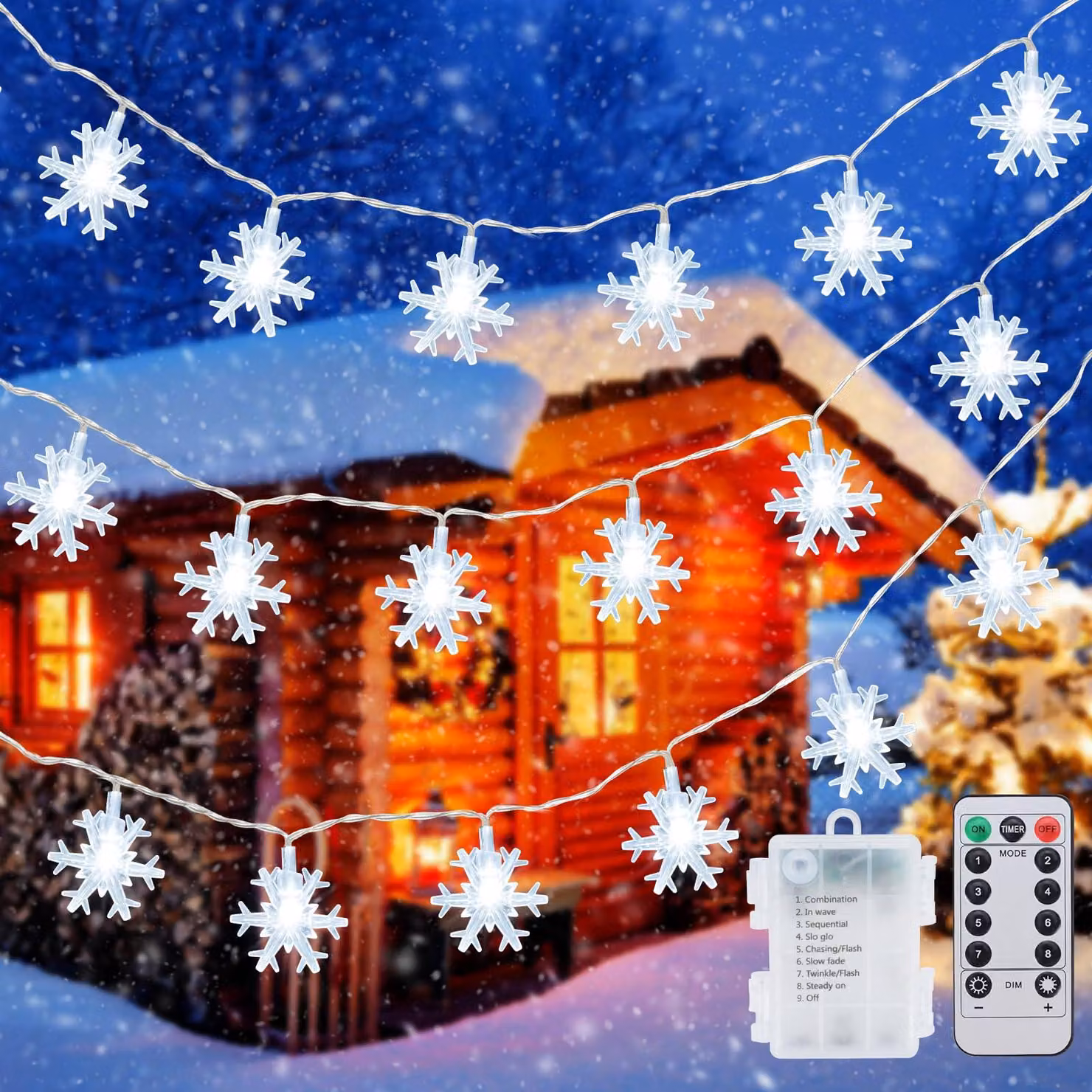 Catena luminosa a LED a forma di fiocchi di neve, 40 luci, 6 metri, alimentazione a batteria, grado di protezione IP65, 8 modalità