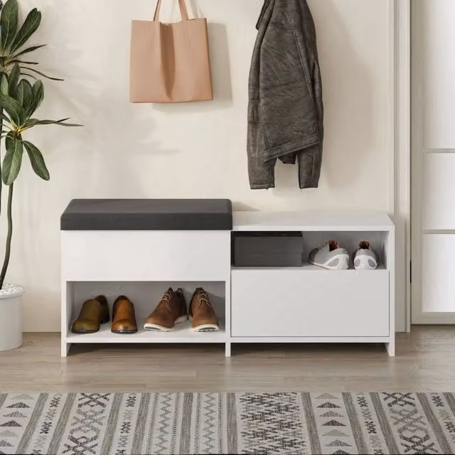 Scarpiera DMORA Nuri con seduta integrata, porta 8 paia di scarpe, Bianco opaco, L: 120 cm, P: 41 cm, H: 51 cm