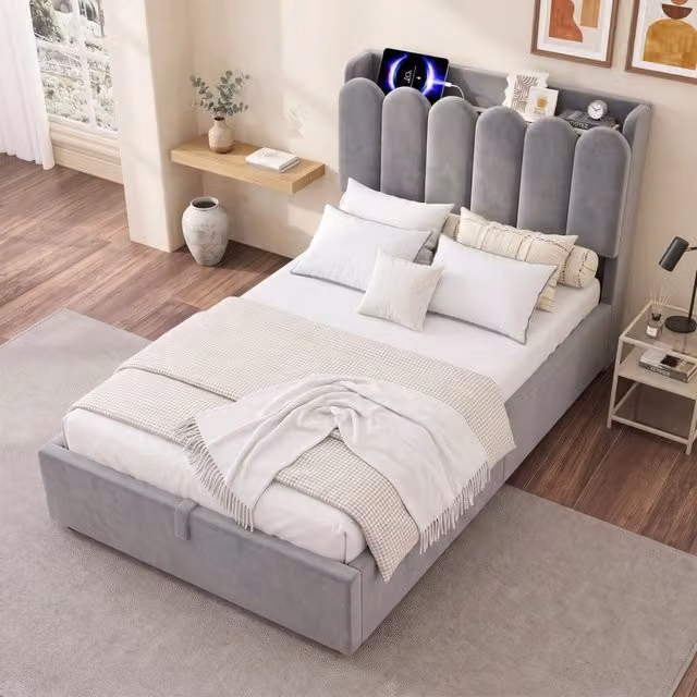 Letto singolo con contenitore idraulico Mivray in velluto grigio con porte USB Type-C e luce di lettura, L/P/H: 90 x 200 cm