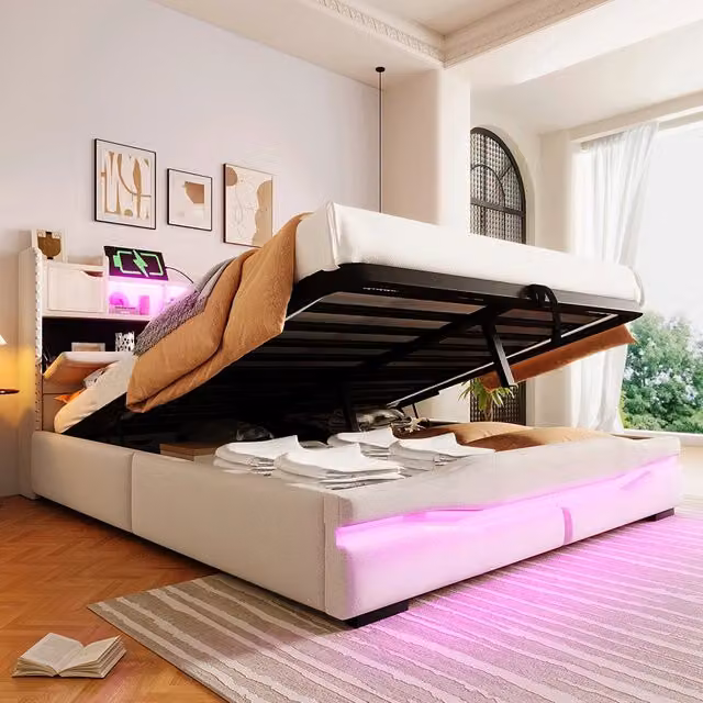 Letto imbottito-Xylo-160x200 cm-USB, LED, testiera con contenitore, idraulico, beige