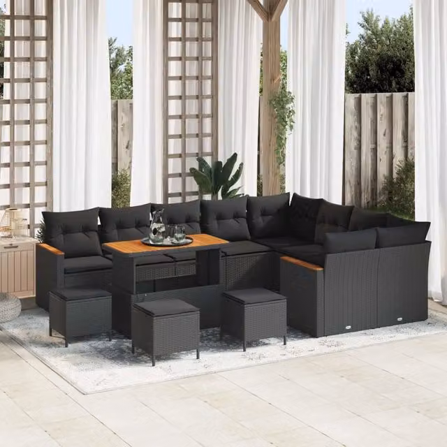 Set Divano da Giardino a L vidaXL Nero con 13 Pezzi, Comprensivo di Tavolino, Ottoman e Cuscini in Poliestere Resistente ai Raggi UV
