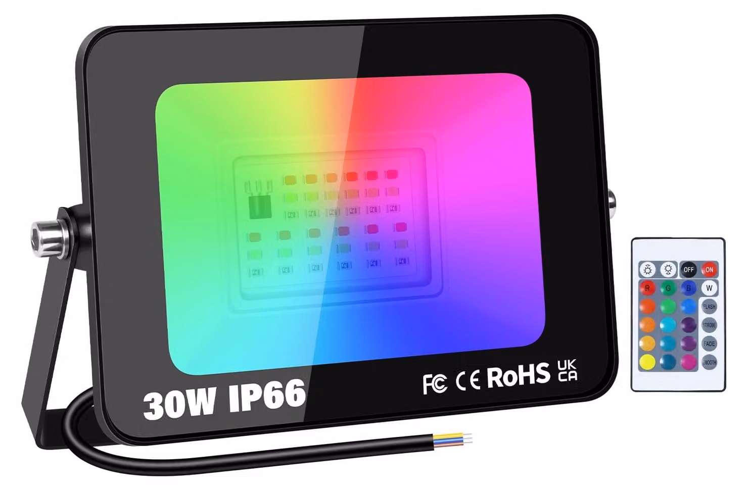 Faretto LED RGB da 30W, 3000 lumen, 16 colori, grado di protezione IP66, con telecomando