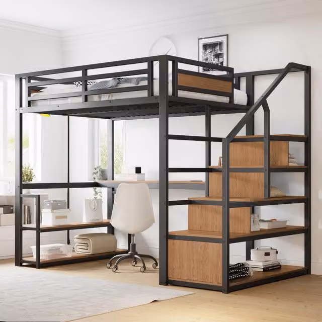 Letto a castello metallico nero con funzione contenitiva e tavolo dimensioni 140x200 cm