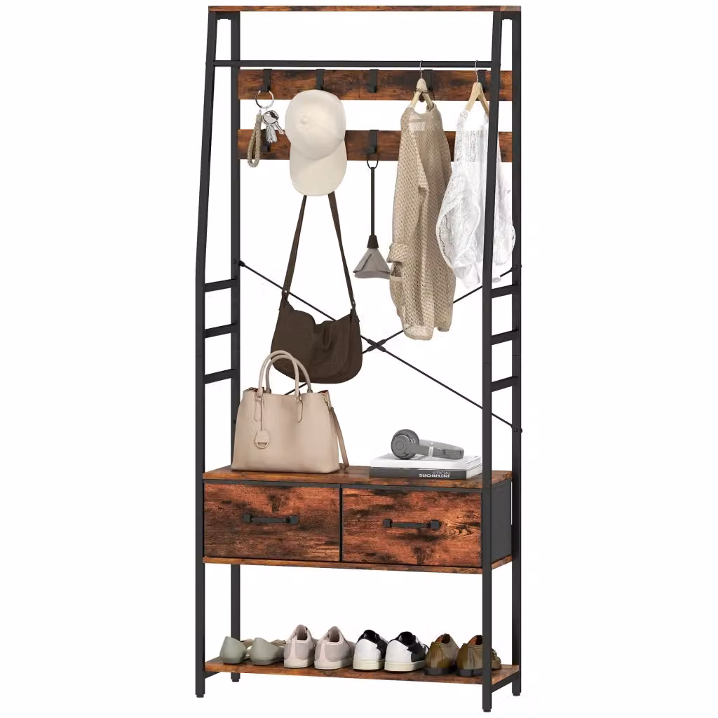 Mobile ingresso con scarpiera e panca XYLO in stile industriale con 10 ganci e 2 cassetti, metallo e legno marrone e nero, L: 100 cm, H: 180 cm, P: 30 cm – 2