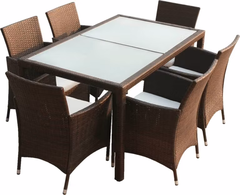 Set da Pranzo da Giardino 7 pz con Cuscini Polyrattan Marrone