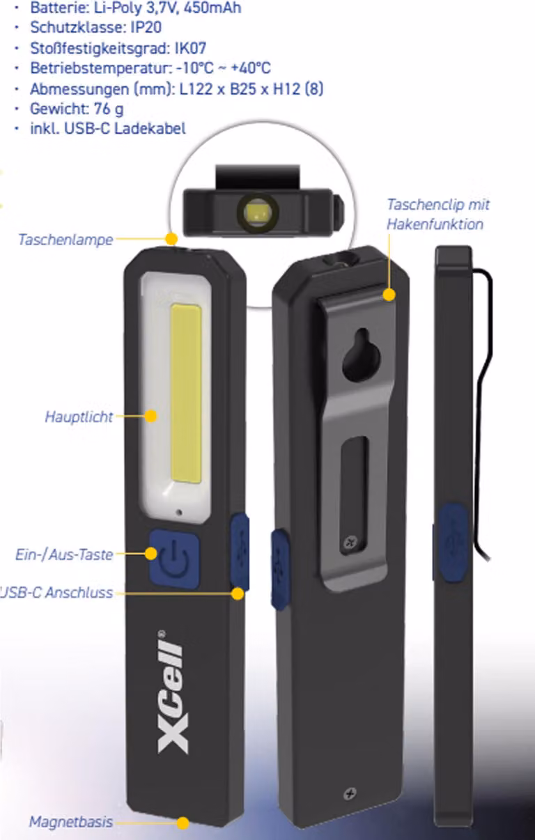 XCell Worklight SLIM, luce da lavoro fino a 200 lumen, magnete, 3 livelli di luce, connessione di ricarica USB-C