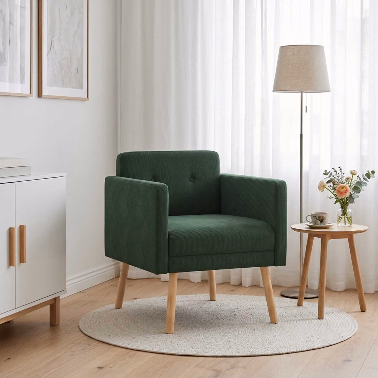 Sedia d'accento moderna vidaXL in velluto a coste verde con braccioli e struttura in legno