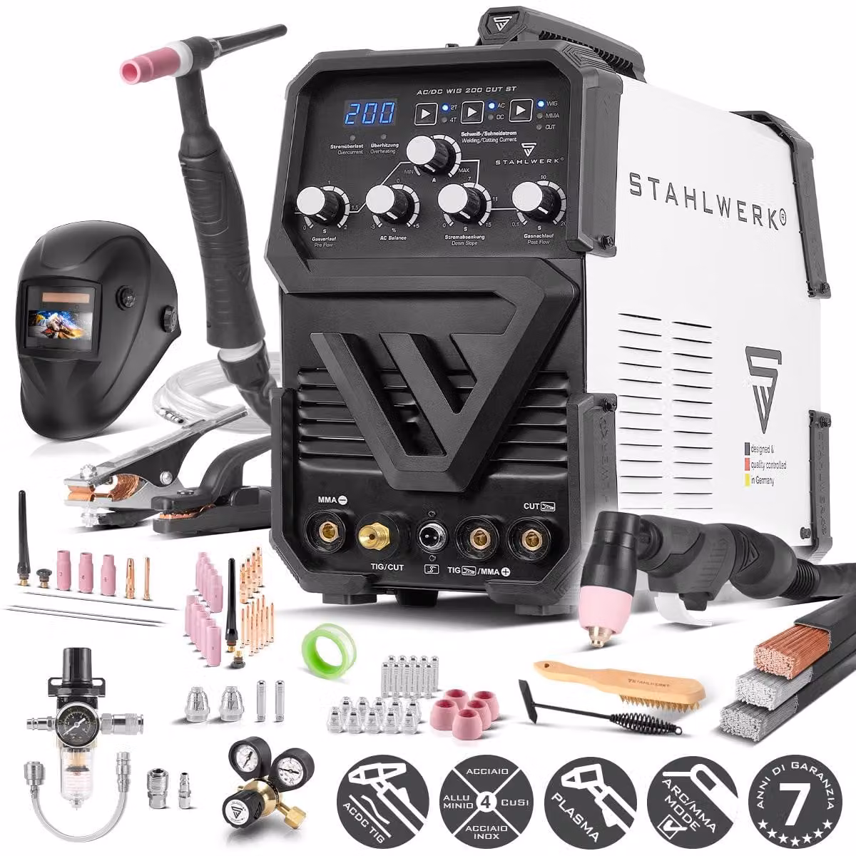 STAHLWERK Saldatrice 3 in 1 combinata AC/DC TIG 200 CUT ST - TIG & MMA fino a 200 A, taglio al plasma fino a 45 A, acciaio inox, rame, alluminio, titanio