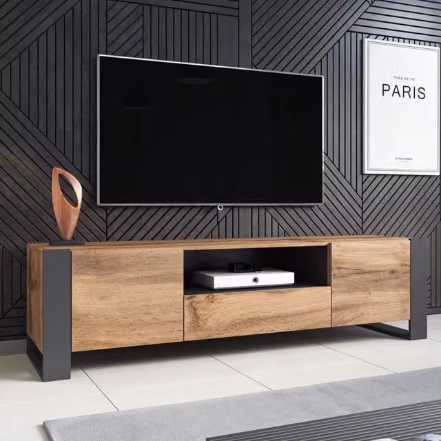 Mobile porta TV DMORA in frassino beige con tre ante e tre vani interni, L 150,5 x P 42 x H 60 cm – 1