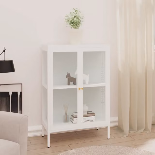 Credenza-Buffet-Armadio da cucina Bianca 75x35x105 cm in Acciaio e Vetro
