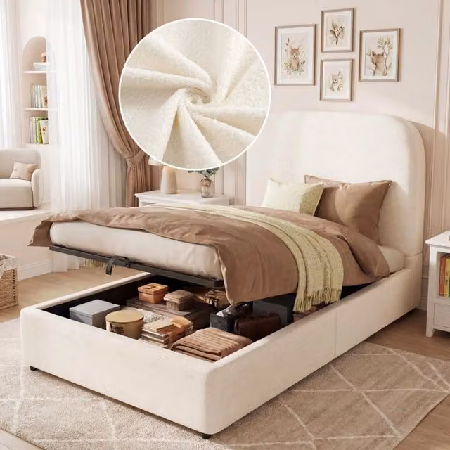 Letto contenitore per bambini 90 × 200 cm con vano idraulico e testiera imbottita, senza materasso, in bouclé beige