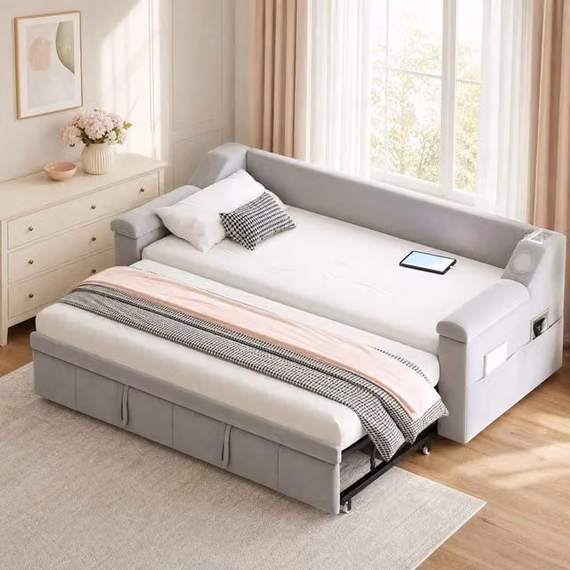 Divano letto multifunzionale 90/180x190 cm in velluto grigio con USB; Bluetooth e contenitori