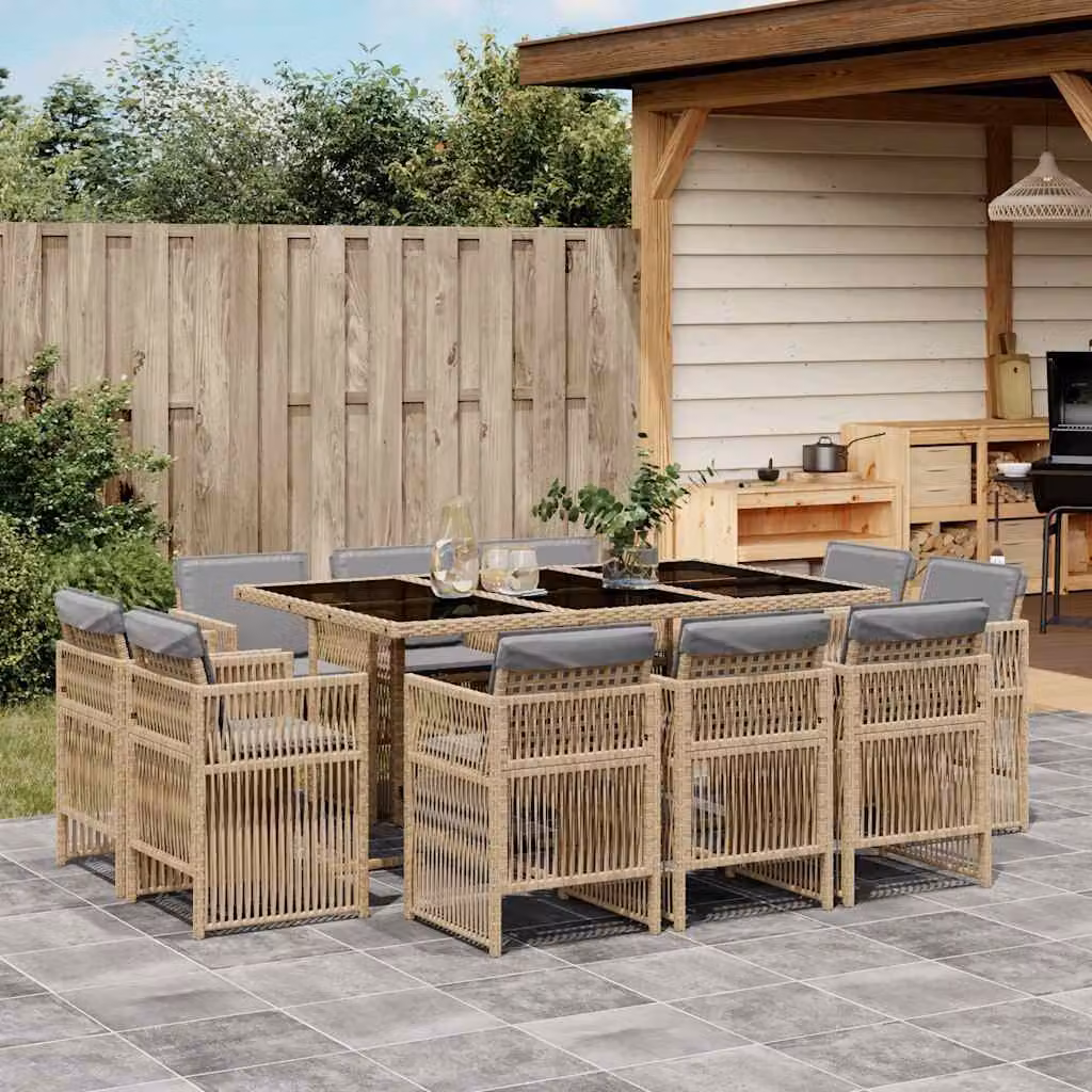 Set Pranzo da Giardino vidaXL 11 pz in Polyrattan con Cuscini Beige e Tavolo in Vetro – 1