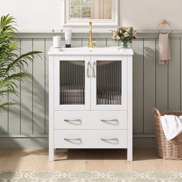 Mobile sottolavabo indipendente con lavabo in ceramica 2 cassetti e ante in vetro scanalato bianco 61 × 47 × 86 cm