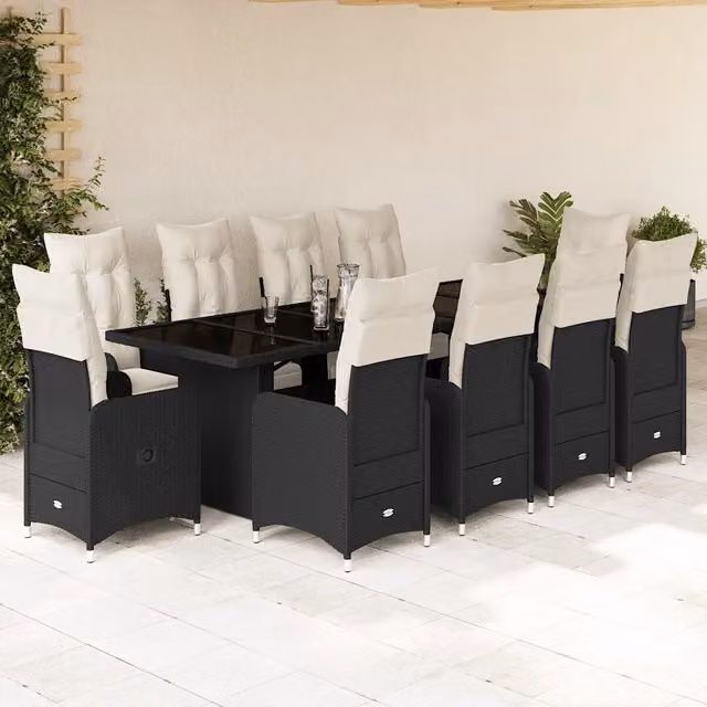 Set da Bistrò da Giardino vidaXL in Polyrattan Nero con Cuscini e Piano in Vetro, 11 Pezzi