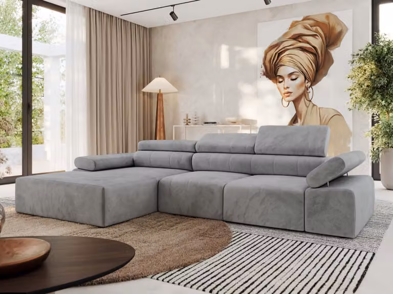 MKS MEBLE Divano ad L RILASSO con funzione relax e poggiatesta regolabili - Grigio chiaro vellutato - Versione con apertura a sinistra