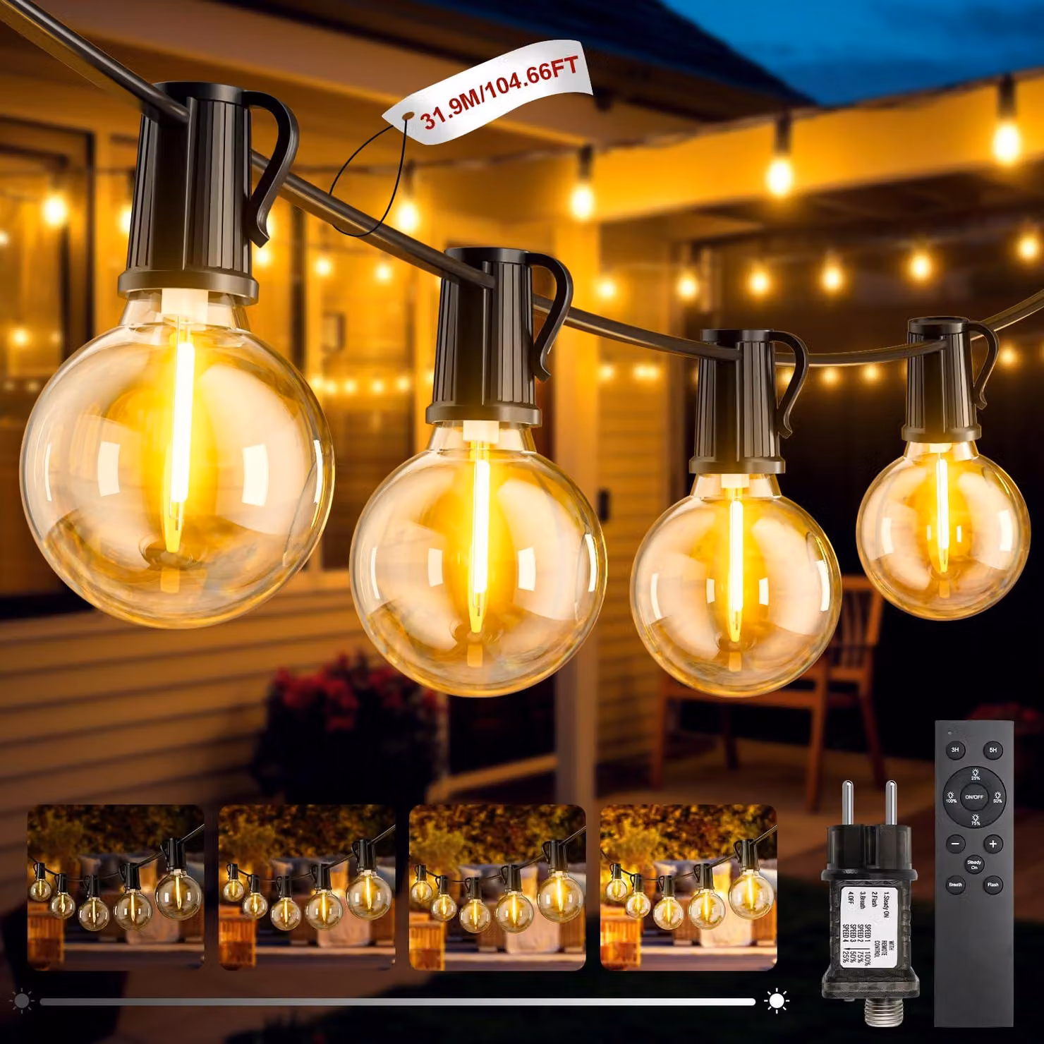 Catena luminosa da 31,9 metri, con lampadine LED G40, 45+2 lampadine, per illuminazione esterna