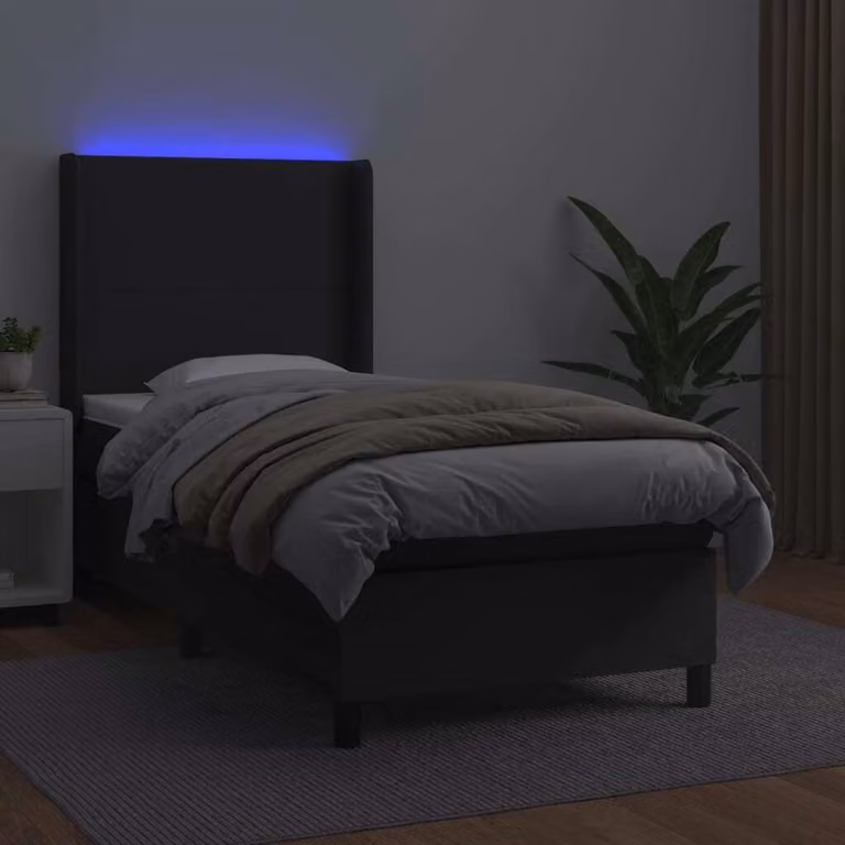 The Living Store Letto a molle con materasso e LED nero 90x200 cm in ecopelle