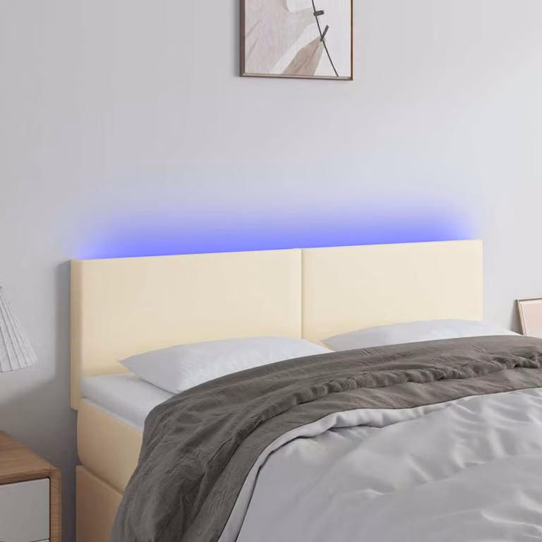 Testiera per letto vidaXL in similpelle beige con illuminazione LED e porta di ricarica USB, L: 144 cm, P: 5 cm, H: 78-88 cm