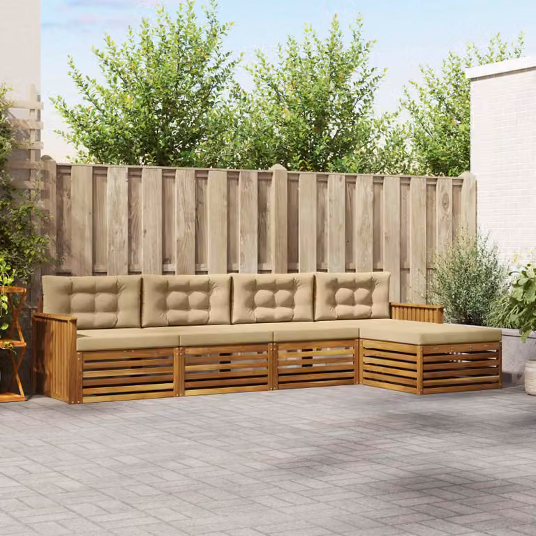 Set di divani da esterno vidaXL a forma di L in legno di acacia con pouf e cuscini, Beige e Marrone