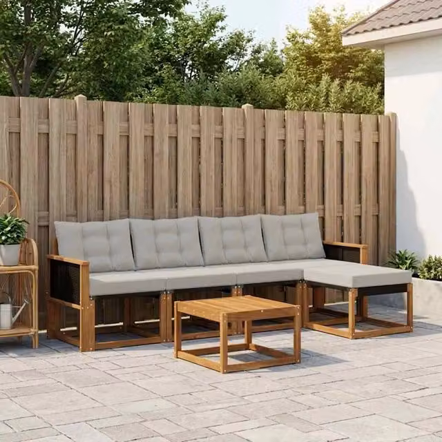 Set di divani da esterno a L vidaXL in legno di acacia con pouf e tavolino, beige e grigio – 1